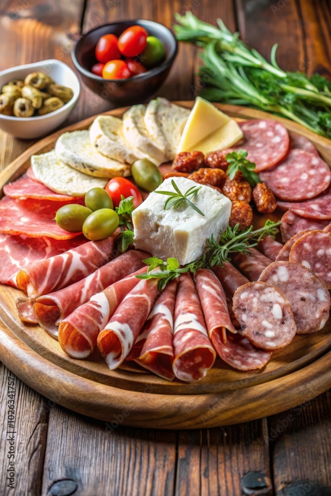 Platter featuring salami, prosciutto, and fresh cheese as traditional appetizers. Platter featuring salami, prosciutto, and fresh cheese as traditional appetizers.