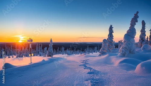 arctic sunrise over snowy ski slopes iso syote lapland finland photo