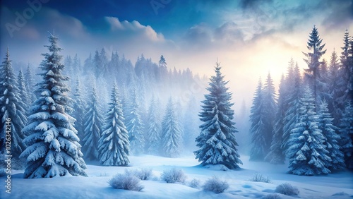 Mystical winter forest with snow-covered trees in serene foggy landscape with depth of field