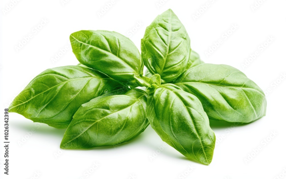 A high-resolution image of fresh, bright green basil leaves isolated on a pure white background. A high-resolution image of fresh, bright green basil leaves isolated on a pure white background.