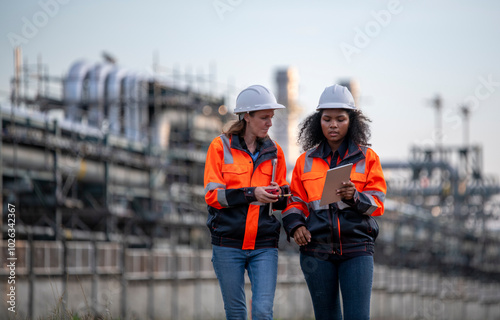 Engineers wearing safety gear, including hard hats examining survey a large blueprint tablet standing industrial facility gas or oil refinery engaged in a job requires high safety standards concept. photo