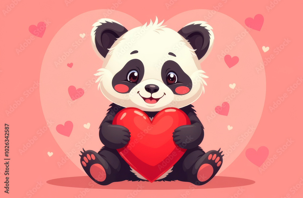 Panda holds the heart in paws on a pink background with hearts. Illustration Panda holds the heart in paws on a pink background with hearts. Illustration