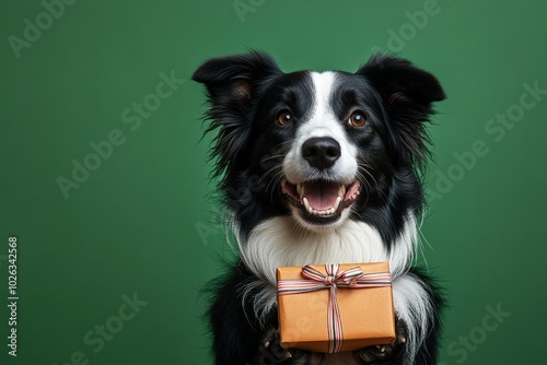 Happy dog is holding a gift. Funny Border collie on a green background photo