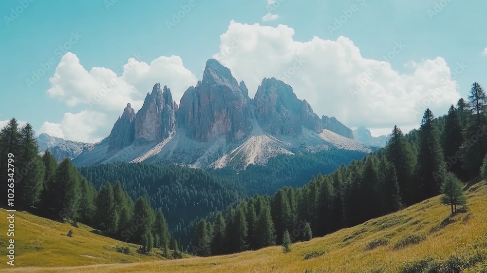 Obraz premium A majestic mountain range with a forest in the foreground and a bright blue sky with clouds.