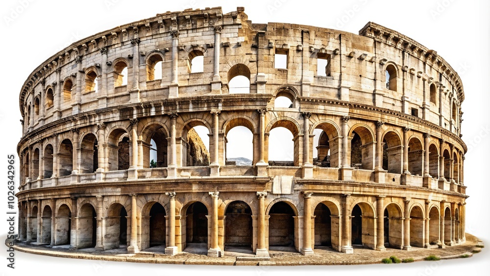 Fototapeta premium Ruin remains of Roman amphitheatre on white background Macro