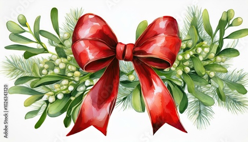 christmas traditional watercolor hanging mistletoe bouquet with red bow isolated on white background plant illustration for winter holidays design