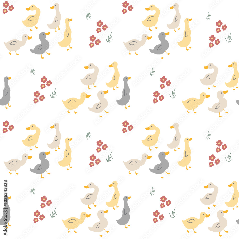 Cute Cartoon Duck Seamless Pattern, Vector Illustration Background Cute Cartoon Duck Seamless Pattern, Vector Illustration Background