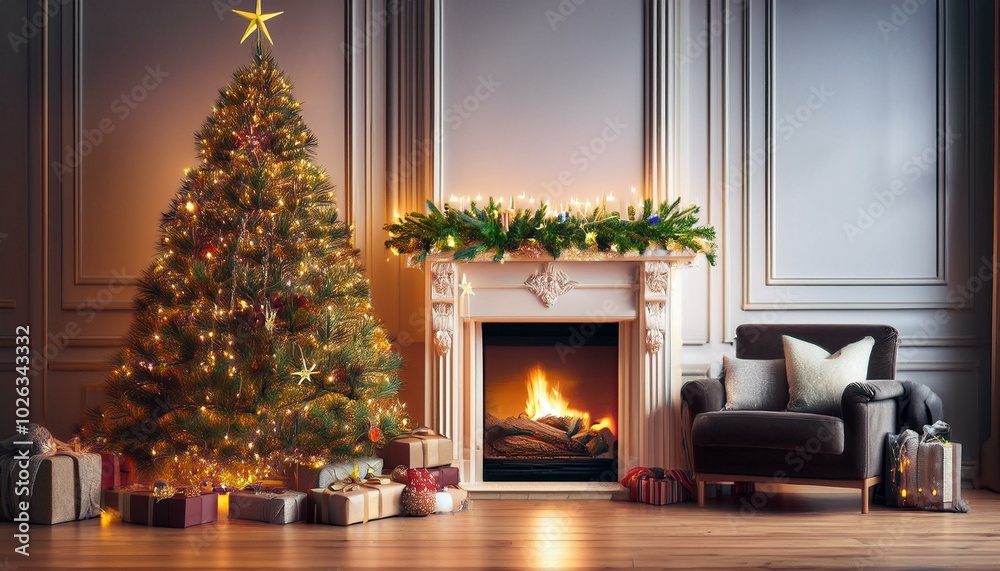 christmas tree with decorations near a fireplace