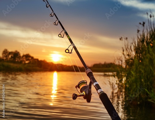 close up of a fishing rod during the sunset with copy space