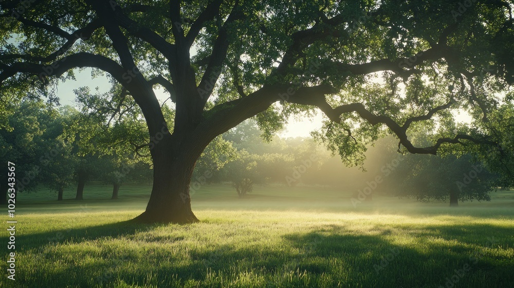 A majestic oak tree stands tall in a grassy field, bathed in the golden light of sunrise, with other trees in the background. A majestic oak tree stands tall in a grassy field, bathed in the golden light of sunrise, with other trees in the background.