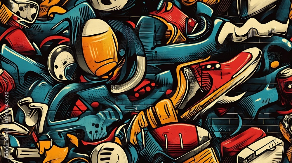custom made wallpaper toronto digitalGraffiti-inspired pattern with footballs, rollerblades, and scooters, intertwined with abstract shapes and vibrant neon colors, spray-painted on a gritty urban wall,