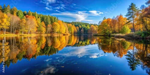 Reflection of autumn forest in tranquil lake under blue sky