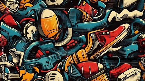 Wallpaper Mural Graffiti-inspired pattern with footballs, rollerblades, and scooters, intertwined with abstract shapes and vibrant neon colors, spray-painted on a gritty urban wall, Torontodigital.ca