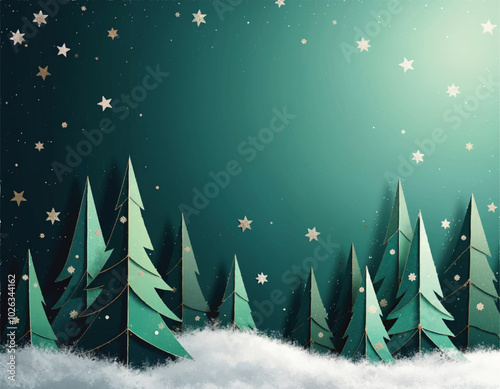 a christmas card vector with a snow covered landscape and christmas pine trees with stars on it