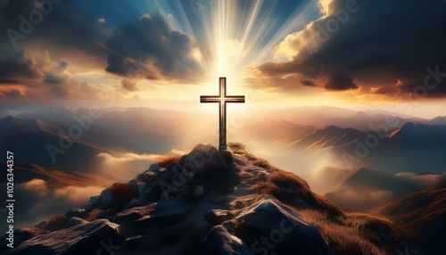 crucifix at the top of a mountain with sunlight breaking through the clouds inspirational christian image