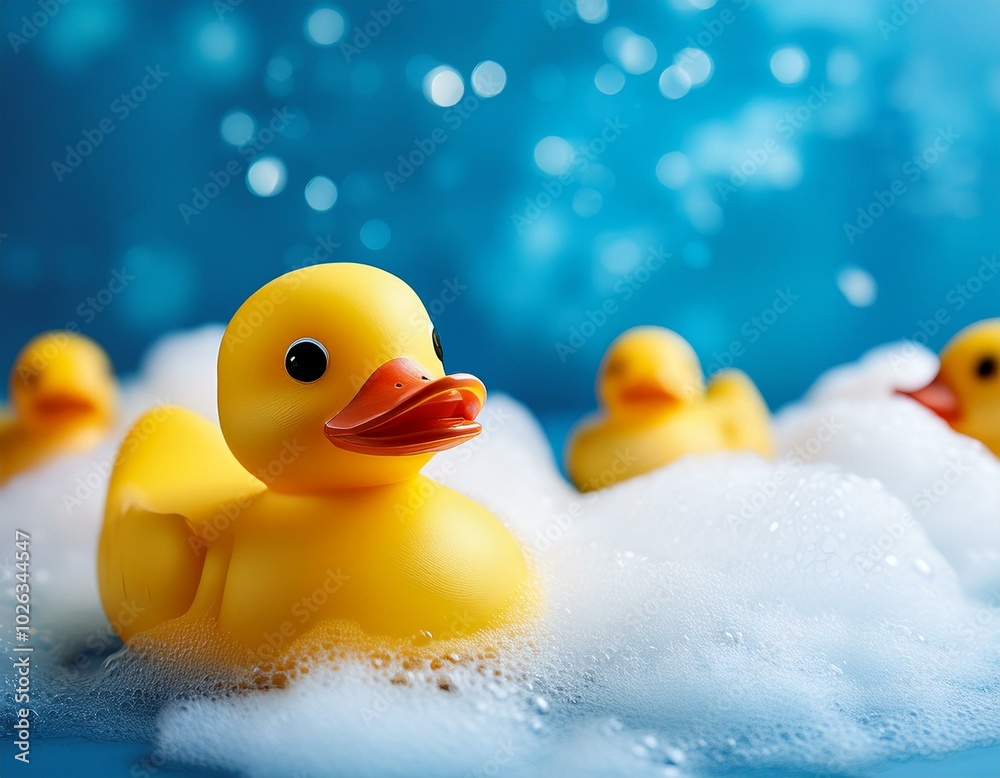 cute yellow rubber duck on the light blue blurred background with other ducks and bath foam background with copy space cute yellow rubber duck on the light blue blurred background with other ducks and bath foam background with copy space