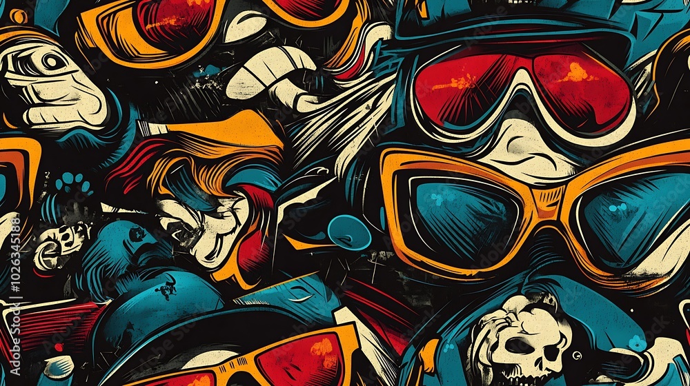 Fototapeta premium Graffiti-style pattern incorporating bold street fashion elements like caps, sneakers, and designer shades, with vibrant neon splashes and expressive shapes, set against a dark urban wall,