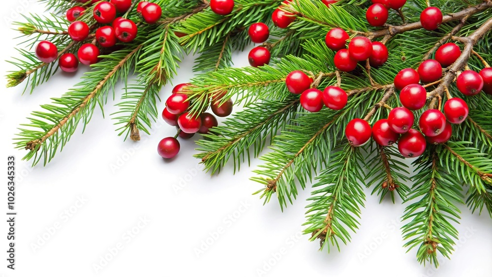 Natural green Christmas tree branches with red hawthorn berries frame Natural green Christmas tree branches with red hawthorn berries frame