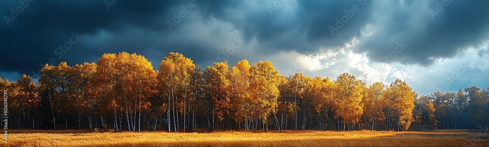 Fototapeta premium A serene landscape showcases golden trees against a dramatic sky, highlighting the beauty of nature during a transition from day to evening.