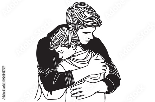 Father and baby in continuous line art drawing artistic style. happy Father's Day. Dad hugs his child