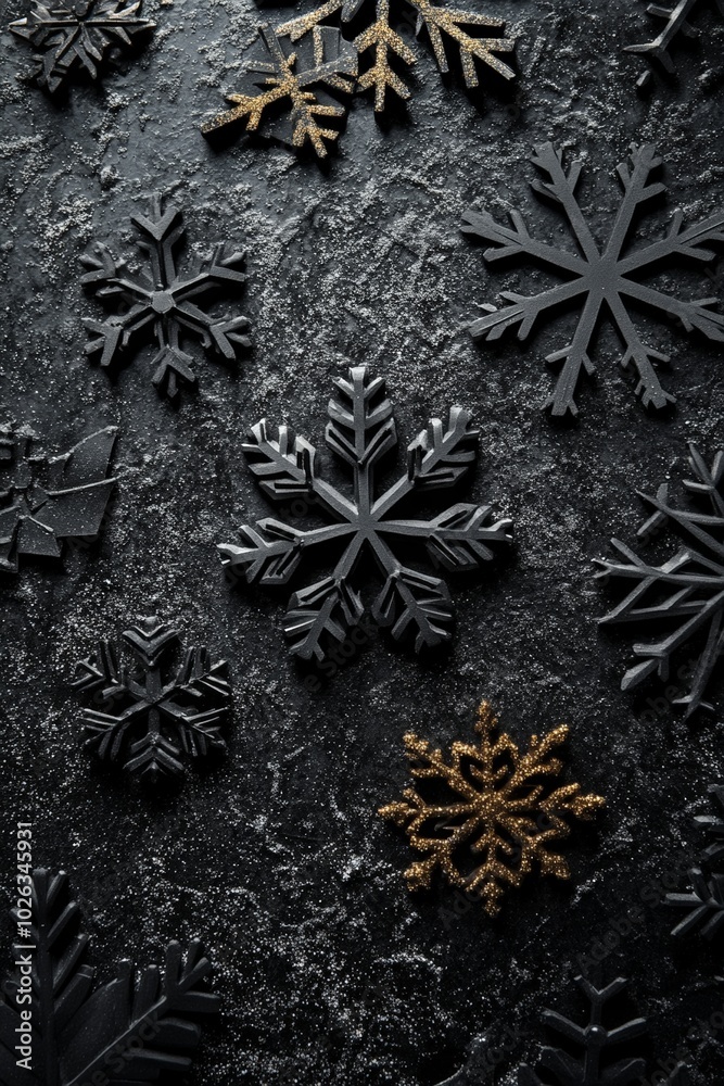 black Christmas decorations like snowflakes and stars on a textured black background black Christmas decorations like snowflakes and stars on a textured black background