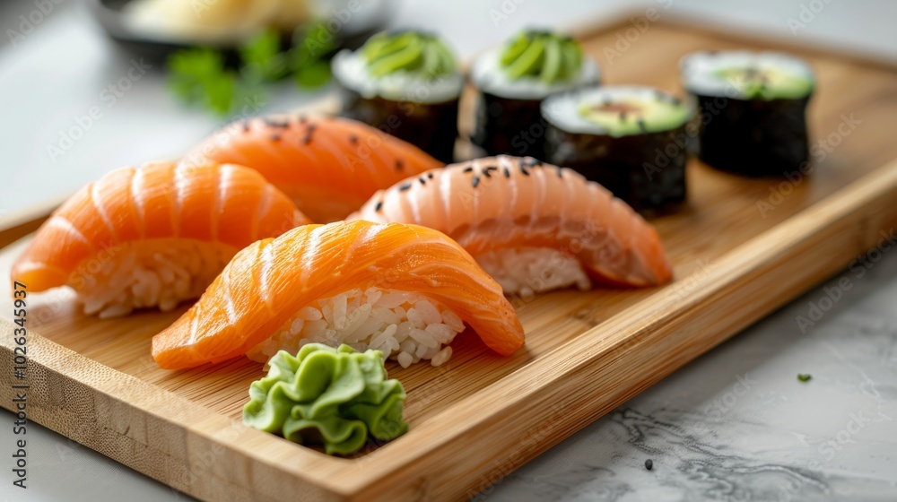 Salmon nigiri and sushi rolls served with wasabi on wooden board. Salmon nigiri and sushi rolls served with wasabi on wooden board.