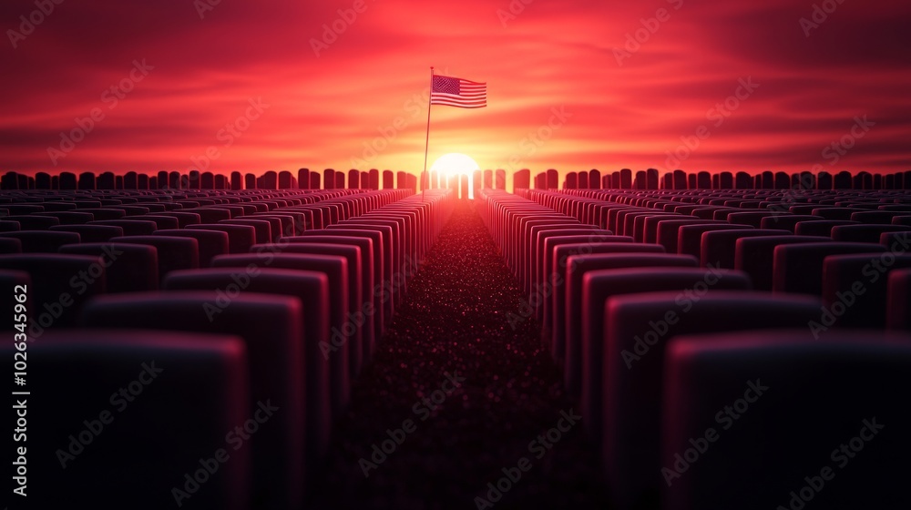 Obraz premium Flags Flying Over Rows of Tombstones at Veterans Cemetery
