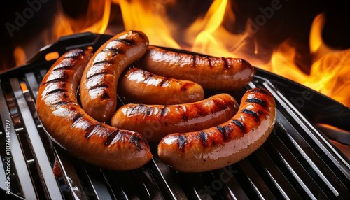 grilled juicy sausages brarwurst sizzling on a grill with fire top view photo