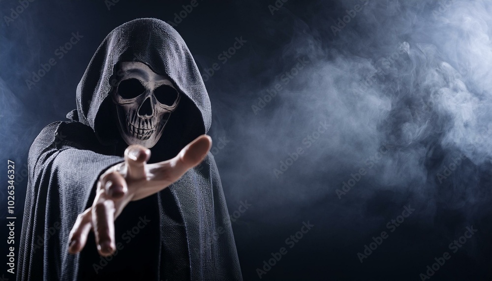 grim reaper reaching towards the camera over dark misty background with copy space grim reaper reaching towards the camera over dark misty background with copy space