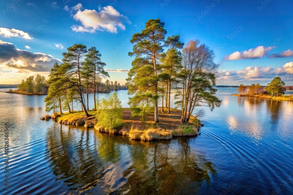 Scenic landscape of crooked trees on island in Swedish river Scenic landscape of crooked trees on island in Swedish river