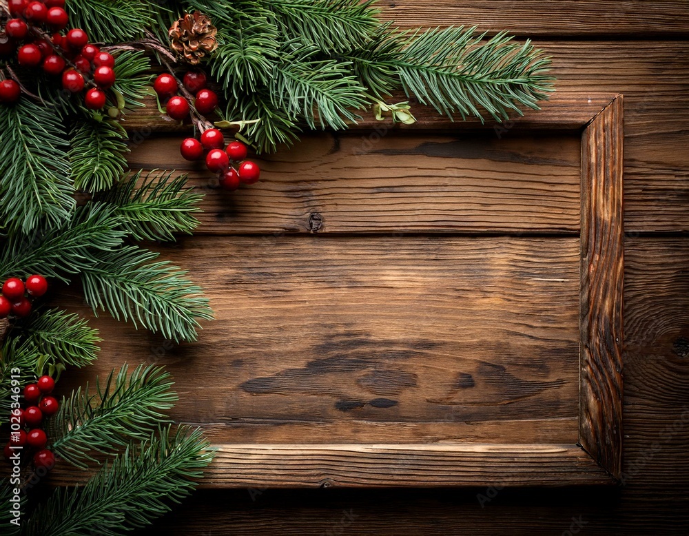 holiday evergreen branches and berries over rustic wood background holiday evergreen branches and berries over rustic wood background