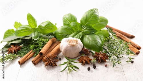 herbs and spices on white background