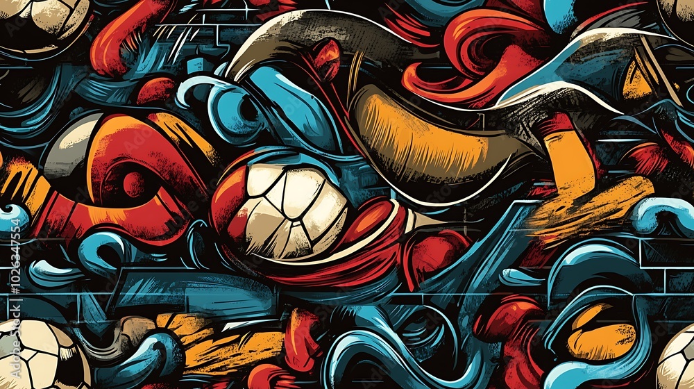 Obraz premium Graffiti-style pattern incorporating sports equipment like basketballs, soccer balls, and skateboards, surrounded by vibrant neon splashes and dynamic brushstrokes, set against a rough brick wall,
