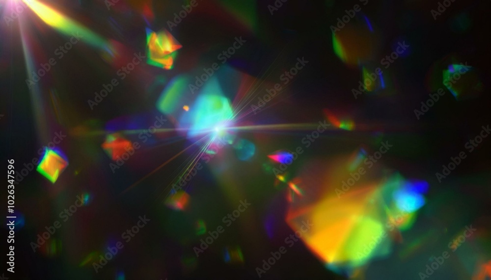 Fototapeta premium lens flare abstract bokeh lights moving leaking reflection of a glass crystal defocused shining colorful rainbow light leaks rays on black background lense slow motion