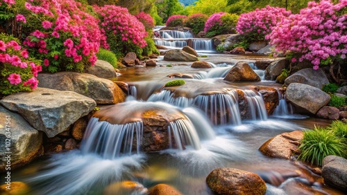 natural landscape with water flowing through pink flowers and rocks