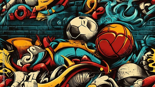 Graffiti-style pattern incorporating sports equipment like basketballs, soccer balls, and skateboards, surrounded by vibrant neon splashes and dynamic brushstrokes, set against a rough brick wall,