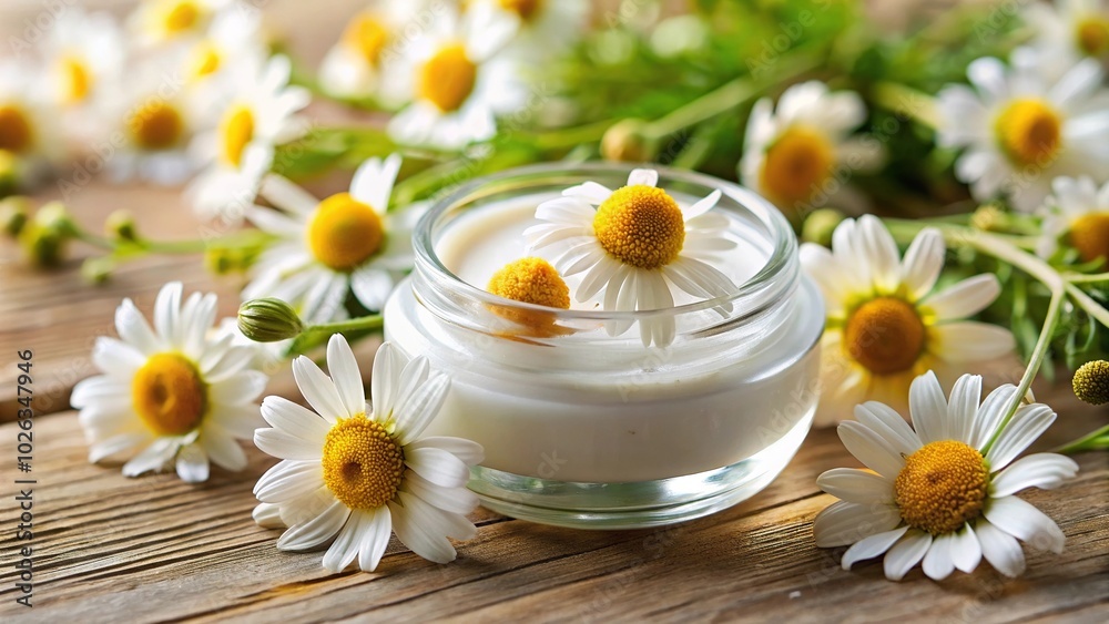 Fototapeta premium Natural organic cosmetics with chamomile flowers Extreme Close-Up