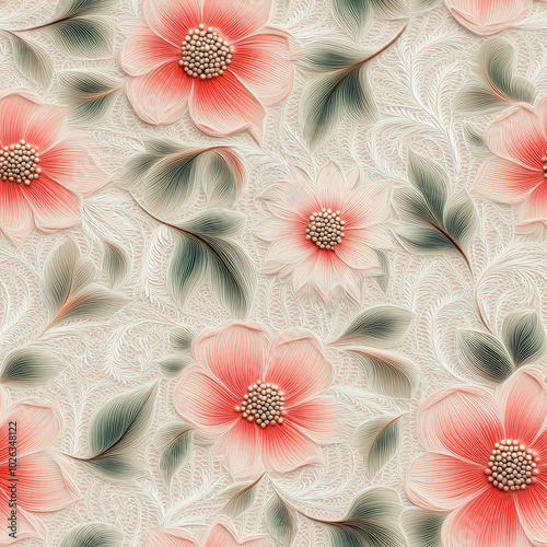Seamless soft pink floral embroidery with intricate leaves on lace background