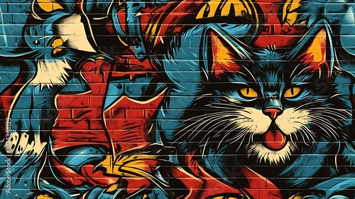 Graffiti-style pattern incorporating urban animal elements like playful cats, energetic dogs, and flying pigeons, intertwined with vibrant colors and dynamic brushstrokes, photo