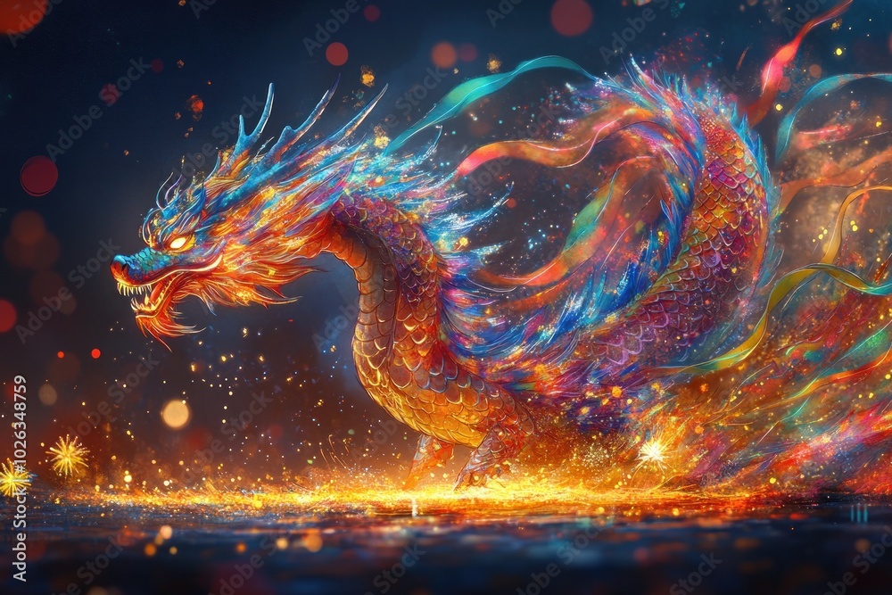 A fiery dragon with scales of vibrant colors and streaks of light emerging from its body. A fiery dragon with scales of vibrant colors and streaks of light emerging from its body.