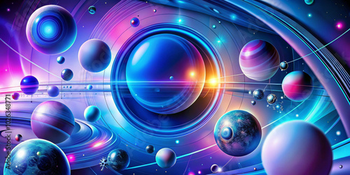 A vibrant cosmic scene showcases numerous planets and celestial bodies surrounded by glowing orbits and radiant light.The use of blues, purples,and pinks creates a futuristic, dreamlike atmosphere.AI 