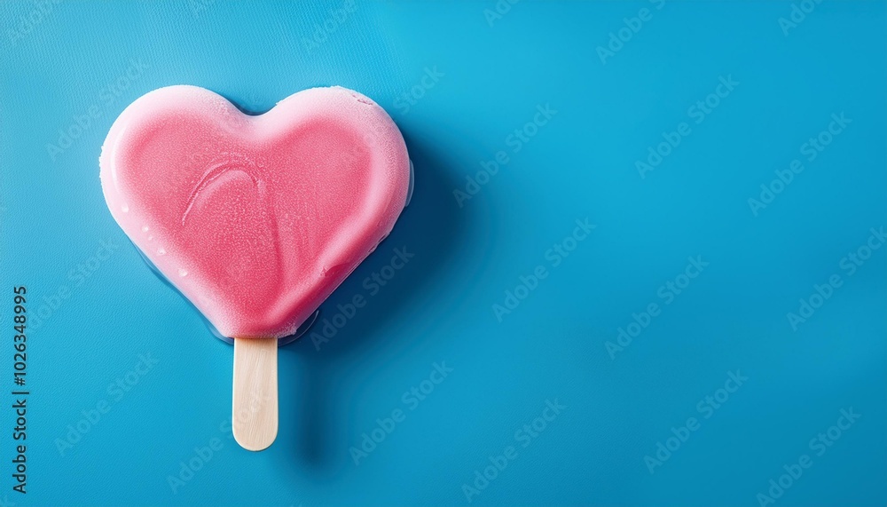 pink ice lolly in the shape of a heart on a blue background with copy space pink ice lolly in the shape of a heart on a blue background with copy space