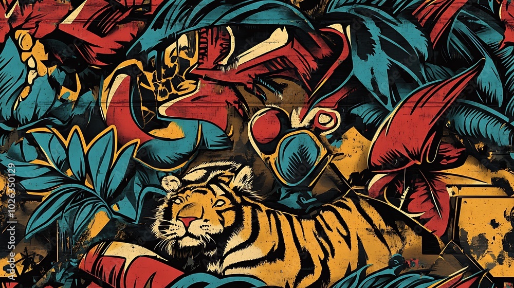 Naklejka premium Graffiti-style pattern with exotic tropical leaves and jungle animals like tigers and parrots, surrounded by abstract geometric elements and bold colors,