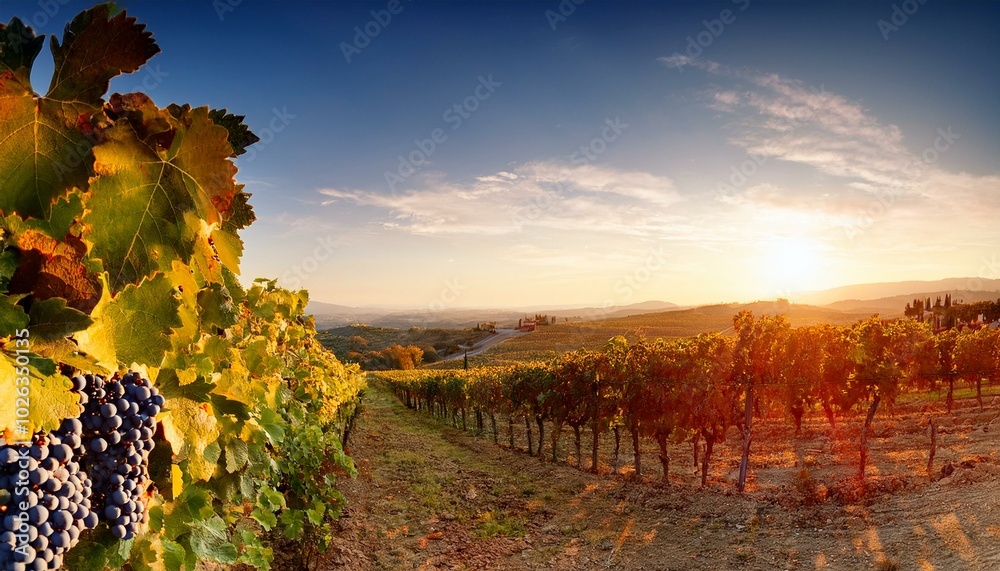 Naklejka premium ripe red grapes on vineyards in autumn harvest at sunset panorama of vineyard with red grapes at sunset tuscany italy