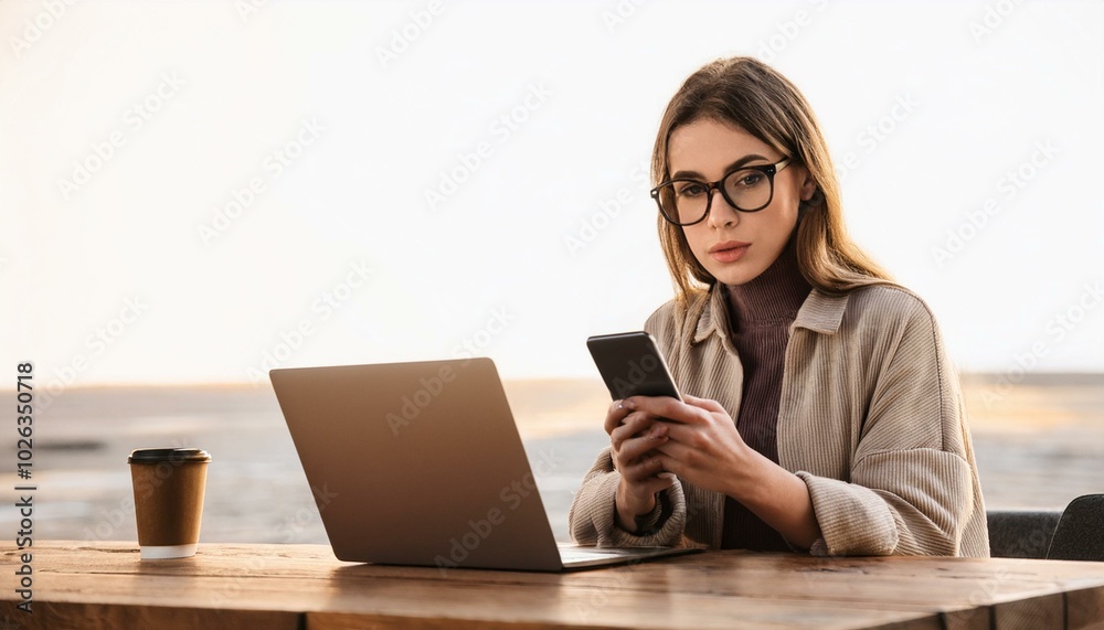 serious charming woman using smartphone while working with laptop serious charming woman using smartphone while working with laptop
