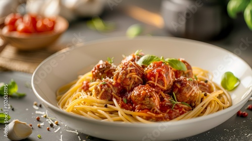 Hearty spaghetti bolognese with tender meatballs and rich tomato sauce for a satisfying meal