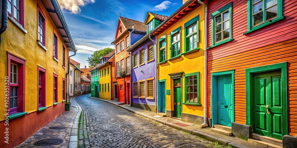 Fototapeta premium Colorful painted houses on narrow street with tilted angle