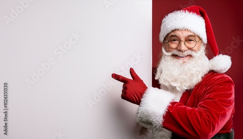 smiling santa claus pointing on blank advertisement banner background with copy space