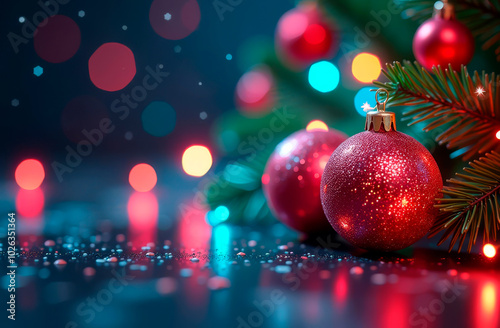 Red Christmas tree balls and fir branches on a festive neon background. Postcard