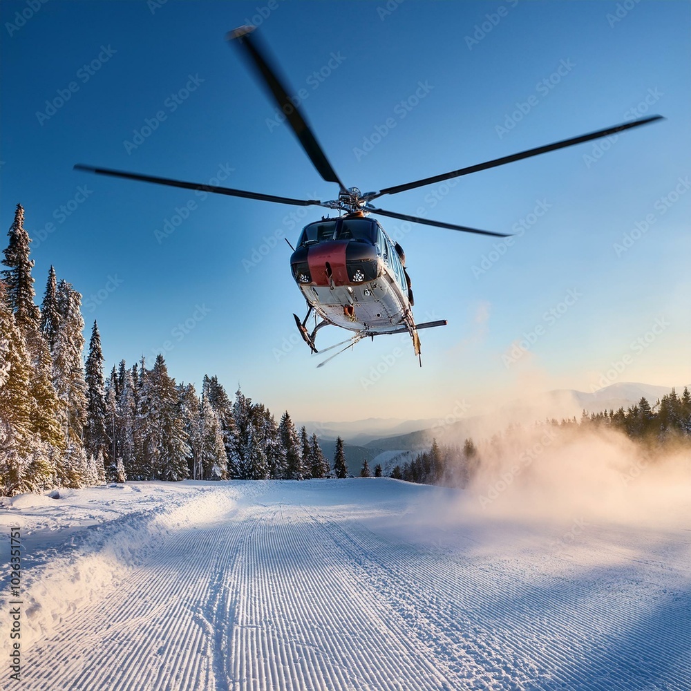 square crop of helicopter lifting off in winter conditions square crop of helicopter lifting off in winter conditions
